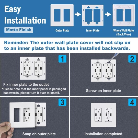 Matte White Decorator Screwless Wall Plate, 2-Gang Outlet Covers, 4 Pack Decorative Light Switch Plates, Scratch and Impact Resistant, Polycarbonate, Standard Size 4.68” X 4.72”