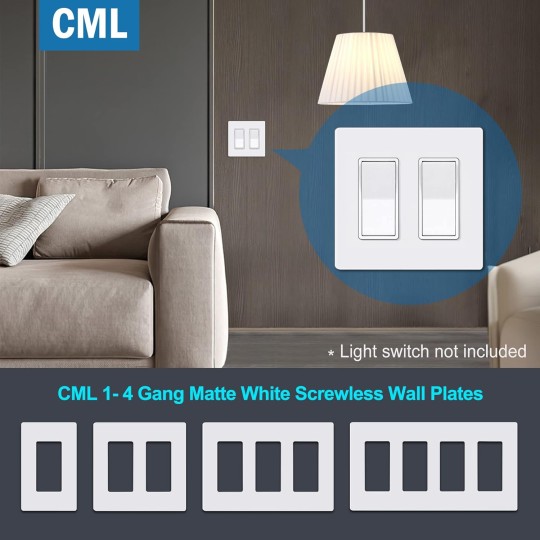 Matte White Decorator Screwless Wall Plate, 2-Gang Outlet Covers, 4 Pack Decorative Light Switch Plates, Scratch and Impact Resistant, Polycarbonate, Standard Size 4.68” X 4.72”