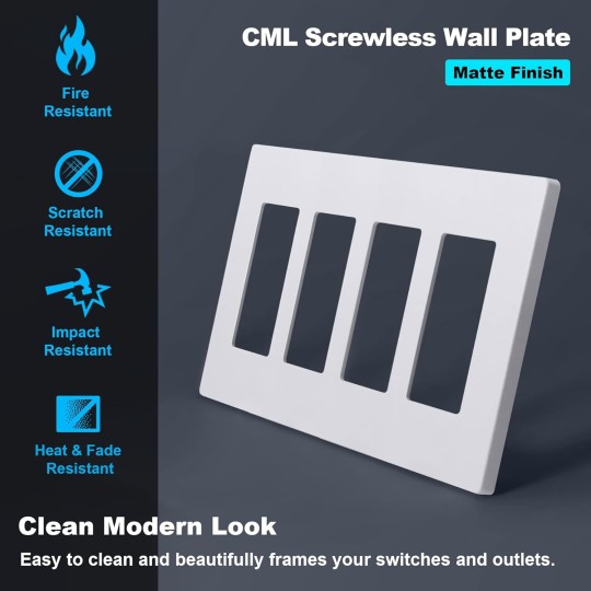 4-Gang Matte White Decorator Screwless Wall Plates, 4 Pack Child Safe Light Switch Covers, Standard Size 4.68” X 8.34”, Scratch and Impact Resistant, Hidden Screws, Polycarbonate