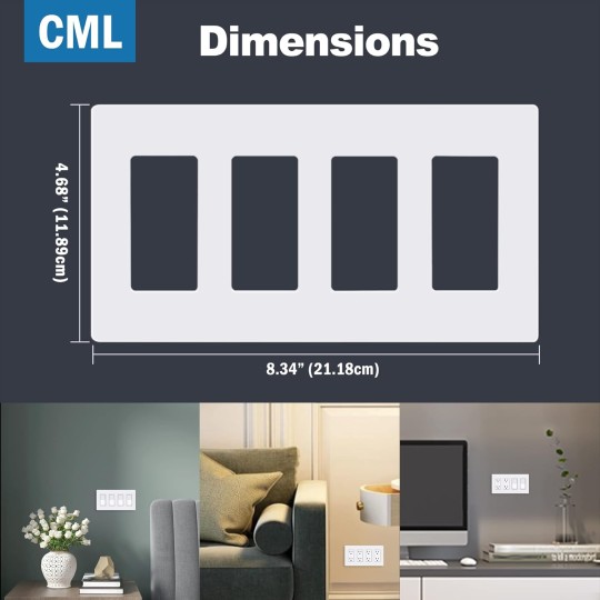 4-Gang Matte White Decorator Screwless Wall Plates, 4 Pack Child Safe Light Switch Covers, Standard Size 4.68” X 8.34”, Scratch and Impact Resistant, Hidden Screws, Polycarbonate