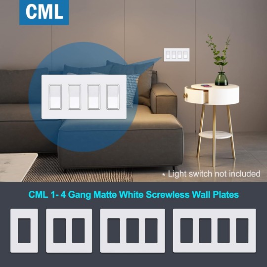 4-Gang Matte White Decorator Screwless Wall Plates, 4 Pack Child Safe Light Switch Covers, Standard Size 4.68” X 8.34”, Scratch and Impact Resistant, Hidden Screws, Polycarbonate
