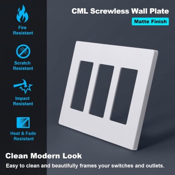 Matte White 3-Gang Decorator Screwless Wall Plates, 4 Pack Child Safe Light Switch Covers, Standard Size 4.68” X 6.54”, Scratch and Impact Resistant, Hidden Screws, Polycarbonate