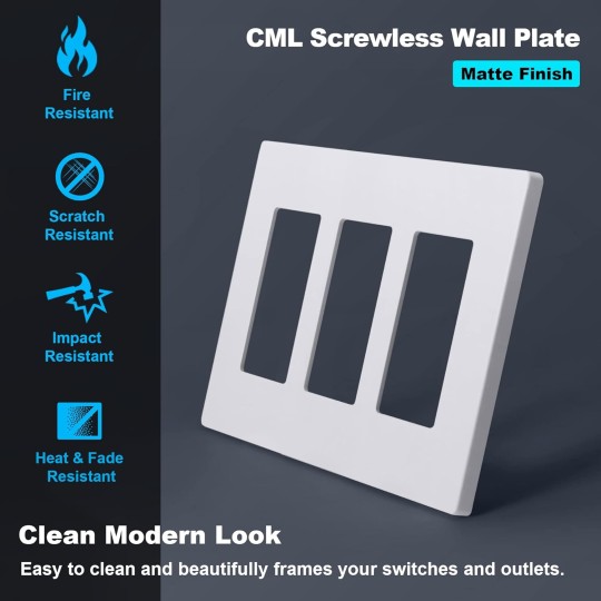 Matte White 3-Gang Decorator Screwless Wall Plates, 4 Pack Child Safe Light Switch Covers, Standard Size 4.68” X 6.54”, Scratch and Impact Resistant, Hidden Screws, Polycarbonate