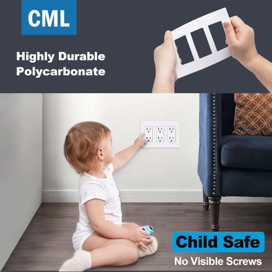 Matte White 3-Gang Decorator Screwless Wall Plates, 4 Pack Child Safe Light Switch Covers, Standard Size 4.68” X 6.54”, Scratch and Impact Resistant, Hidden Screws, Polycarbonate