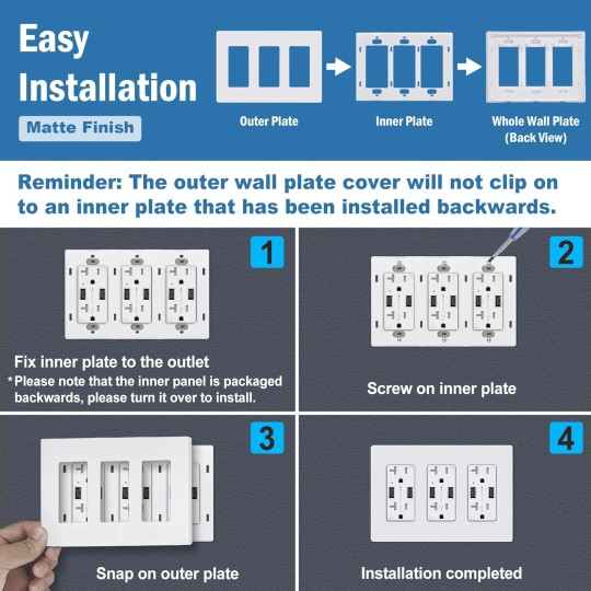 Matte White 3-Gang Decorator Screwless Wall Plates, 4 Pack Child Safe Light Switch Covers, Standard Size 4.68” X 6.54”, Scratch and Impact Resistant, Hidden Screws, Polycarbonate