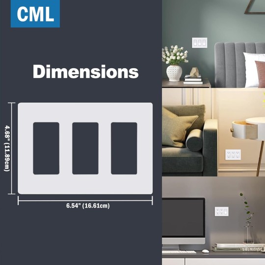 Matte White 3-Gang Decorator Screwless Wall Plates, 4 Pack Child Safe Light Switch Covers, Standard Size 4.68” X 6.54”, Scratch and Impact Resistant, Hidden Screws, Polycarbonate