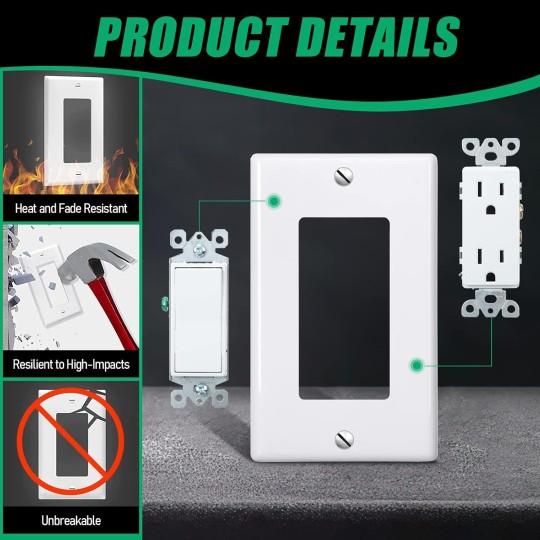 50 Pack Decorator Light Switch Cover Switch Plates and Outlet Covers Wall Plate 1 Gang Standard Size 4.50x2.76In Electrical Outlet Receptacle Covers Unbreakable Polycarbonate,Screws Included(White)