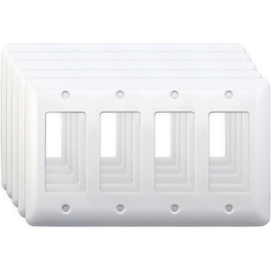 (5 Pack) AP-12074, White Metal Decorative Wall Plate, Princess Style 4 Gang, 5" x 8.2" Unbreakable, Smooth White Painted Metal, Impact Resistant, Matching Screws Included