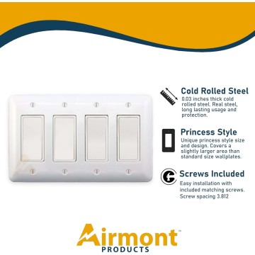 (5 Pack) AP-12074, White Metal Decorative Wall Plate, Princess Style 4 Gang, 5" x 8.2" Unbreakable, Smooth White Painted Metal, Impact Resistant, Matching Screws Included