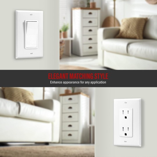 Decorator Light Switch or Receptacle Outlet Wall Plate, Size 1-Gang 4.50" x 2.76", Unbreakable Polycarbonate Thermoplastic, 8831-W-100PCS, White (100 Pack), UL Listed
