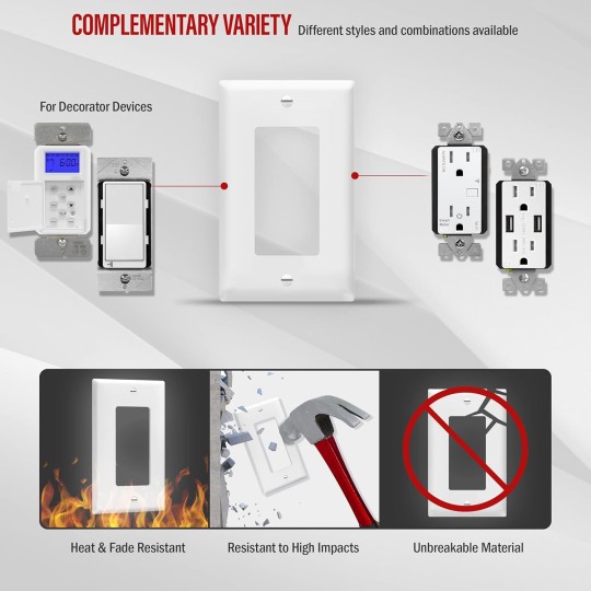 Decorator Light Switch or Receptacle Outlet Wall Plate, Size 1-Gang 4.50" x 2.76", Unbreakable Polycarbonate Thermoplastic, 8831-W-100PCS, White (100 Pack), UL Listed