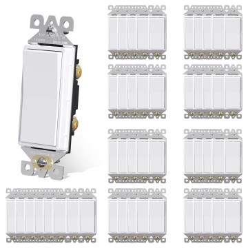 Single Pole Rocker Decora Light Switch, 15 Amp Self-grounding Electrical Light Switches, Residential Grade, UL Listed (50, Glossy White, Without Wall Plate)