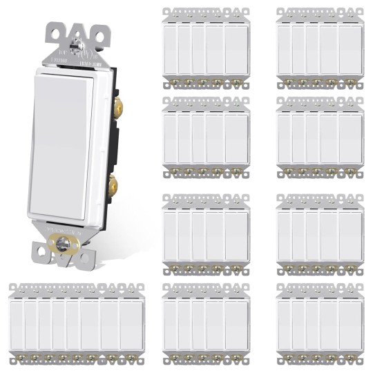 Single Pole Rocker Decora Light Switch, 15 Amp Self-grounding Electrical Light Switches, Residential Grade, UL Listed (50, Glossy White, Without Wall Plate)