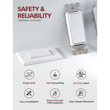 Single Pole Rocker Decora Light Switch, 15 Amp Self-grounding Electrical Light Switches, Residential Grade, UL Listed (50, Glossy White, Without Wall Plate)