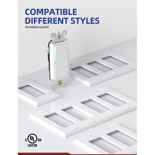 Single Pole Rocker Decora Light Switch, 15 Amp Self-grounding Electrical Light Switches, Residential Grade, UL Listed (50, Glossy White, Without Wall Plate)