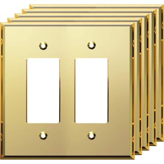 Reflective Acrylic Decorator Wall Plate, Mirrored Light Switch Plate, Plexiglass Outlet Cover, Acrylic Glass, Oversized 2-Gang 5.25" x 5.25", LWP-32O-AGD5P, Gold, 5 Pack