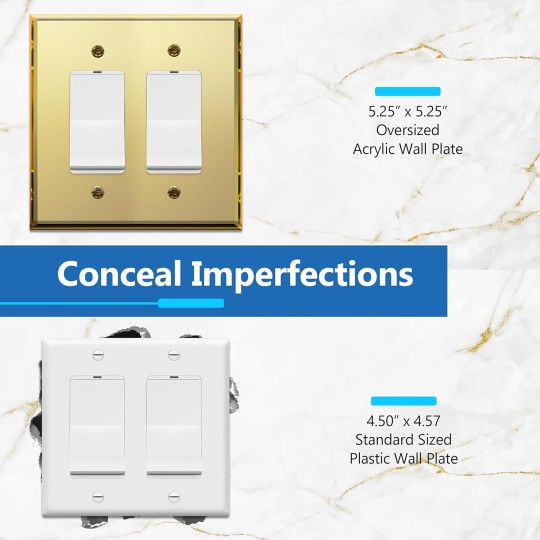Reflective Acrylic Decorator Wall Plate, Mirrored Light Switch Plate, Plexiglass Outlet Cover, Acrylic Glass, Oversized 2-Gang 5.25" x 5.25", LWP-32O-AGD5P, Gold, 5 Pack