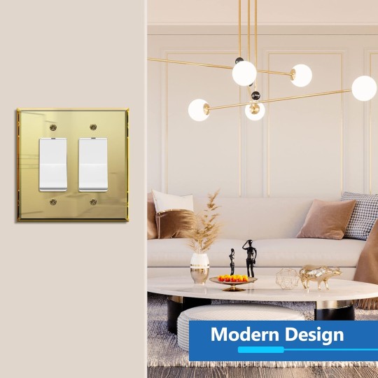 Reflective Acrylic Decorator Wall Plate, Mirrored Light Switch Plate, Plexiglass Outlet Cover, Acrylic Glass, Oversized 2-Gang 5.25" x 5.25", LWP-32O-AGD5P, Gold, 5 Pack