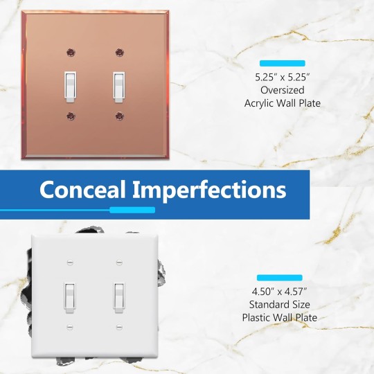 Double Toggle Switch Acrylic Wall Plate, Mirrored Dual Light Switch Plate, Plexiglass Switch Cover, Reflective Finish, Modern Upgrade, Oversized 2-Gang 5.25" x 5.25", Rose Gold, 5 Pack
