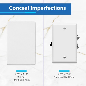 Blank Wall Plate, Temperature and Impact Resistant, UL Listed, Polycarbonate Thermoplastic, Screwless Design, Matte Finish, Modern Upgrade, Midsize, 1-Gang, 4.88” x 3.11”, White, 10 Pack
