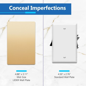 Blank Wall Plate, Temperature and Impact Resistant, UL Listed, Polycarbonate Thermoplastic, Screwless Design, Matte Finish, Modern Upgrade, Midsize, 1-Gang, 4.88” x 3.11”, Gold, 10 Pack