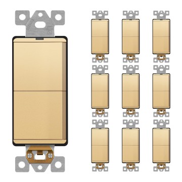 Minimalist Design Matte Finish Lighted Double Switch, Combination Frameless Decorator Switch with Locator Light, Ground Terminal, Single Pole, 15A 120V, UL Listed, LCS2-1P-GD10P, Gold, 10 Pack