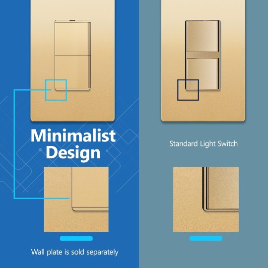 Minimalist Design Matte Finish Lighted Double Switch, Combination Frameless Decorator Switch with Locator Light, Ground Terminal, Single Pole, 15A 120V, UL Listed, LCS2-1P-GD10P, Gold, 10 Pack