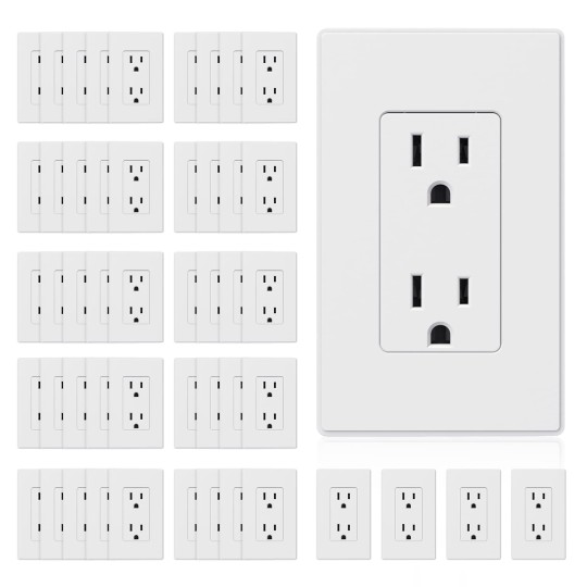 Matte White Standard Decorator Electrical Wall Receptacle Outlet, 15A 125V, 2 Pole 3 Wire, Non- Tamper Resistant, NEMA 5-15R, Self-Grounding, Wall Plate Included, UL Listed, 50 Pack