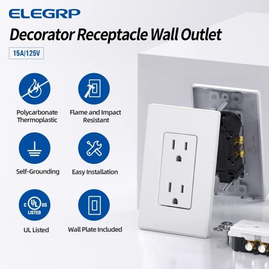 Matte White Standard Decorator Electrical Wall Receptacle Outlet, 15A 125V, 2 Pole 3 Wire, Non- Tamper Resistant, NEMA 5-15R, Self-Grounding, Wall Plate Included, UL Listed, 50 Pack
