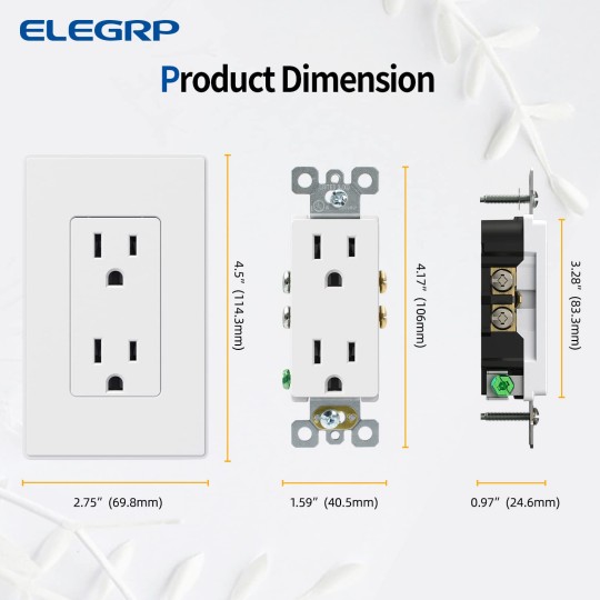 Matte White Standard Decorator Electrical Wall Receptacle Outlet, 15A 125V, 2 Pole 3 Wire, Non- Tamper Resistant, NEMA 5-15R, Self-Grounding, Wall Plate Included, UL Listed, 50 Pack