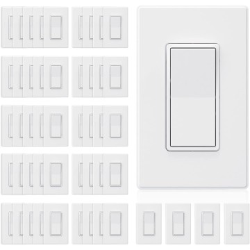 Matte White Single Pole Decors Light Switch with Plate 15Amp, 120/277V, Paddle Rocker Switch Replacement, On/Off Wall Switch, Self-Grounding, Residential Grade, w/Wall Plate, UL/CUL (50 Pack)