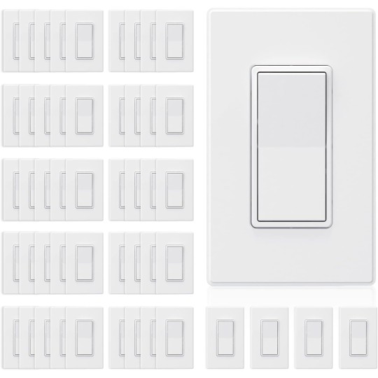 Matte White Single Pole Decors Light Switch with Plate 15Amp, 120/277V, Paddle Rocker Switch Replacement, On/Off Wall Switch, Self-Grounding, Residential Grade, w/Wall Plate, UL/CUL (50 Pack)