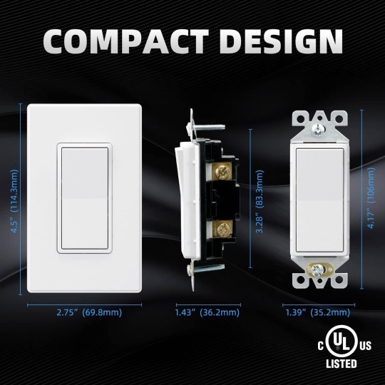 Matte White Single Pole Decors Light Switch with Plate 15Amp, 120/277V, Paddle Rocker Switch Replacement, On/Off Wall Switch, Self-Grounding, Residential Grade, w/Wall Plate, UL/CUL (50 Pack)