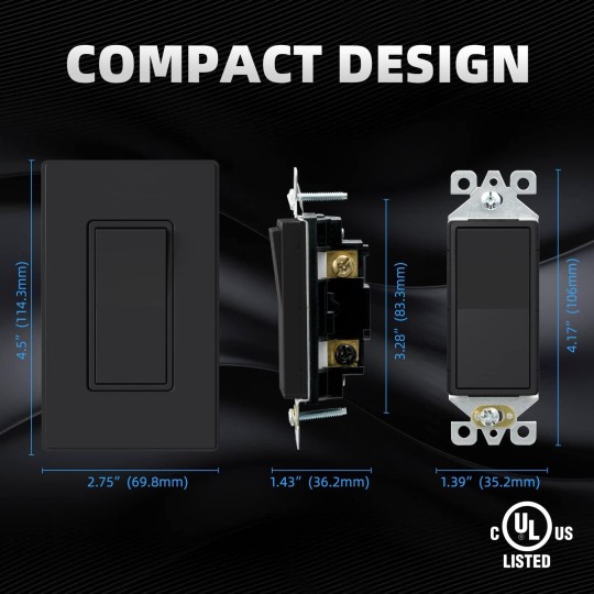 Matte Black 3 Way Decorative Light Switch with Plate, 15Amp, 120/277 Volt, AC Rocker Paddle Wall Switch Replacement, Self-Grounding, Residential Grade, w/Wall Plate, UL Listed (50 Pack)