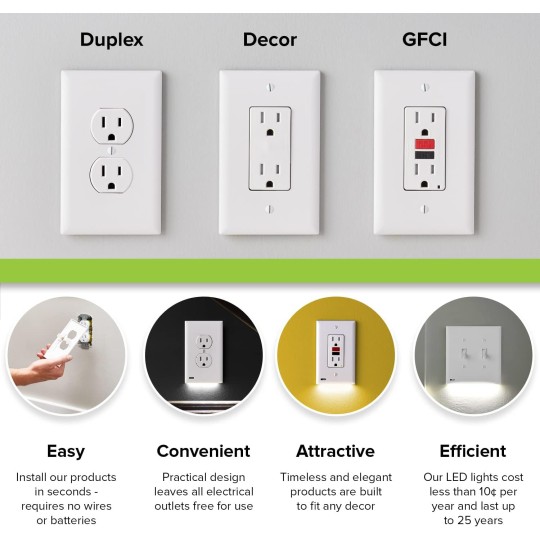 3 Pack - GuideLight 2 for Outlets [for Standard Decor, Not GFCI outlets] - Night Light - Electrical Outlet Wall Plate with LED Night Lights - Automatic On/Off Sensor - (Décor, White)