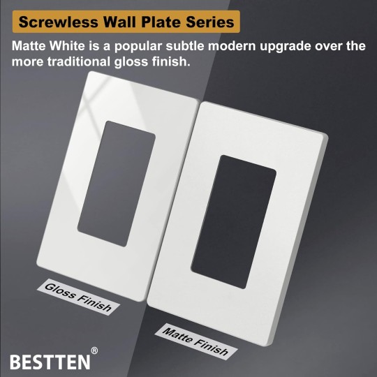 [50 Pack] USWP4 Matte White Screwless Switch Plate, 1-Gang Decorator Wall Outlet Cover, H4.69” x W2.91”, for Light Switch, Dimmer, USB, GFCI, Receptacle