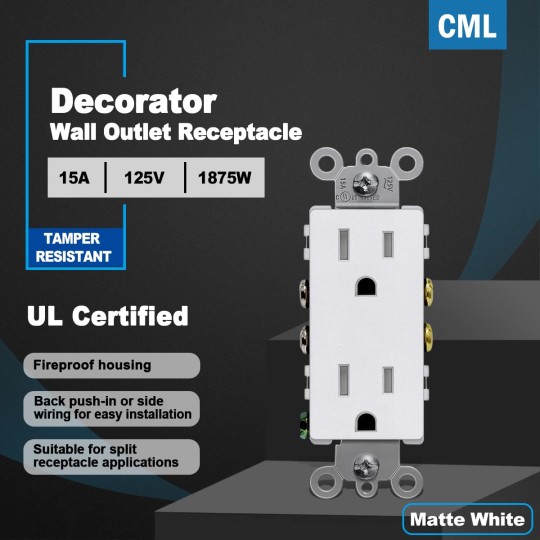 (20 Pack) 15 Amp Matte White Decorator Wall Receptacle Outlet, Child-Safe Tamper Resistant Standard Electrical Outlets, 15A/125V, UL Listed