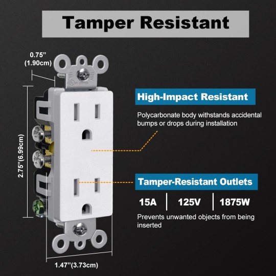 (20 Pack) 15 Amp Matte White Decorator Wall Receptacle Outlet, Child-Safe Tamper Resistant Standard Electrical Outlets, 15A/125V, UL Listed