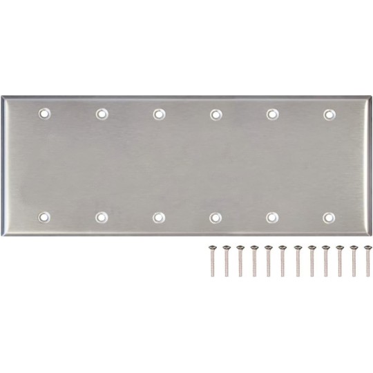 Stainless Steel Blank Wall Plate, 6 Gang Standard Size 4.50'' x 11.75'' Corrosion and Heat Resistant, Unbreakable Metal, Silver, Cover Unused Electrical Sockets or Switch Holes
