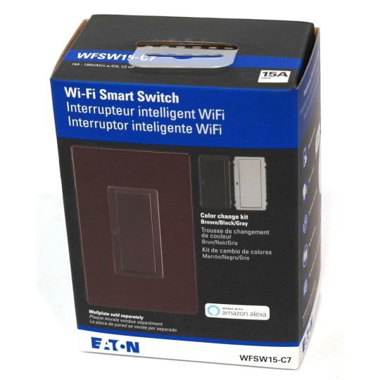 WFSW15-C7-SP-L Wi-Fi Smart Switch with LED On/Off Indicator, Brown Black Gray, Single Pole, 3-Way, 15A, 120V/AC, 60Hz, 1/2 HP Compatible with Alexa, 4-Pack