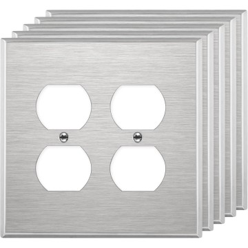 Metal Duplex Wall Plate, Stainless Steel Wall Plate, Outlet Cover, Corrosion Resistant, Mid-Size 2-Gang 4.88" x 4.92", 7722MA-5PCS, Silver, 5 Pack