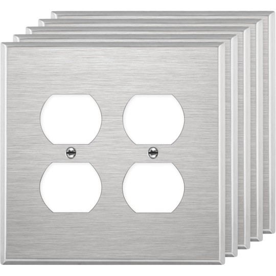 Metal Duplex Wall Plate, Stainless Steel Wall Plate, Outlet Cover, Corrosion Resistant, Mid-Size 2-Gang 4.88" x 4.92", 7722MA-5PCS, Silver, 5 Pack