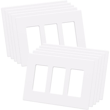 Screwless Decorator Wall Plates, Mid-Size 3-Gang 4.88" x 6.73", White Outlet Cover Plate, for Decor Switch, Dimmer, GFCI, USB Receptacle, UL Listed (White, 10 Pack)
