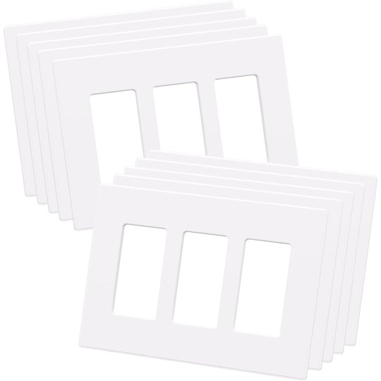 Screwless Decorator Wall Plates, Mid-Size 3-Gang 4.88" x 6.73", White Outlet Cover Plate, for Decor Switch, Dimmer, GFCI, USB Receptacle, UL Listed (White, 10 Pack)