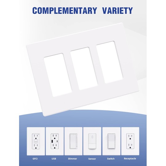 Screwless Decorator Wall Plates, Mid-Size 3-Gang 4.88" x 6.73", White Outlet Cover Plate, for Decor Switch, Dimmer, GFCI, USB Receptacle, UL Listed (White, 10 Pack)