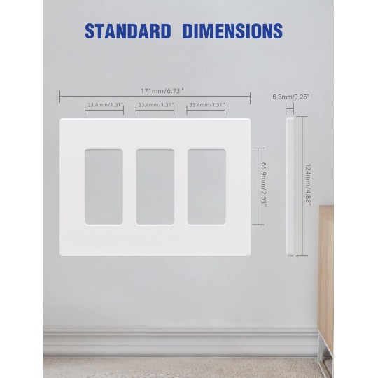 Screwless Decorator Wall Plates, Mid-Size 3-Gang 4.88" x 6.73", White Outlet Cover Plate, for Decor Switch, Dimmer, GFCI, USB Receptacle, UL Listed (White, 10 Pack)
