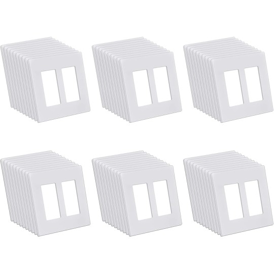 2-Gang Decorator Screwless Wall Plates, 60 Pack Child Safe Switch Plate Covers, Double Receptacle Outlet Cover, Standard Size 4.68”X 4.72”, Impact Resistant, Glossy White