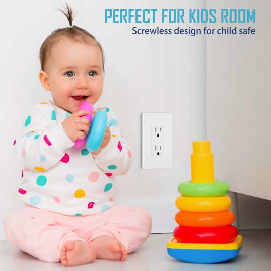 Screwless Decorator Wall Plate, Child Safe Outlet Cover, 1-Gang White Switch Plate Covers, Unbreakable Polycarbonate Thermoplastic, Standard Size, Glossy, 40 Pack