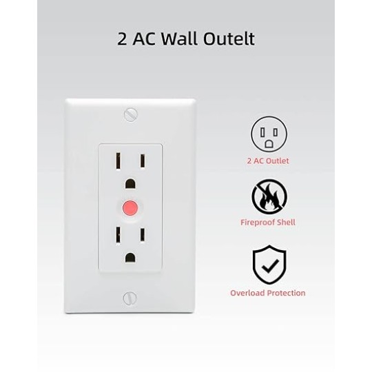 30-Pack White Standard Decorator Electrical Wall Receptacle Outlet, 15A 125V, 2 Pole 3 Wire, Self-Grounding, Wall Plate Included, 2 Outlet, Overload Circuit Breaker Reset Button, SGS Listed