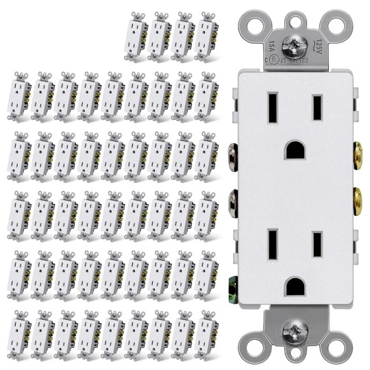 15 Amp Matte White Decorator Wall Outlet, 50 Pack Decor Standard Electrical Receptacle, 15A/125V, Non-Tamper Resistant, 2 Pole 3 Wire, UL Listed
